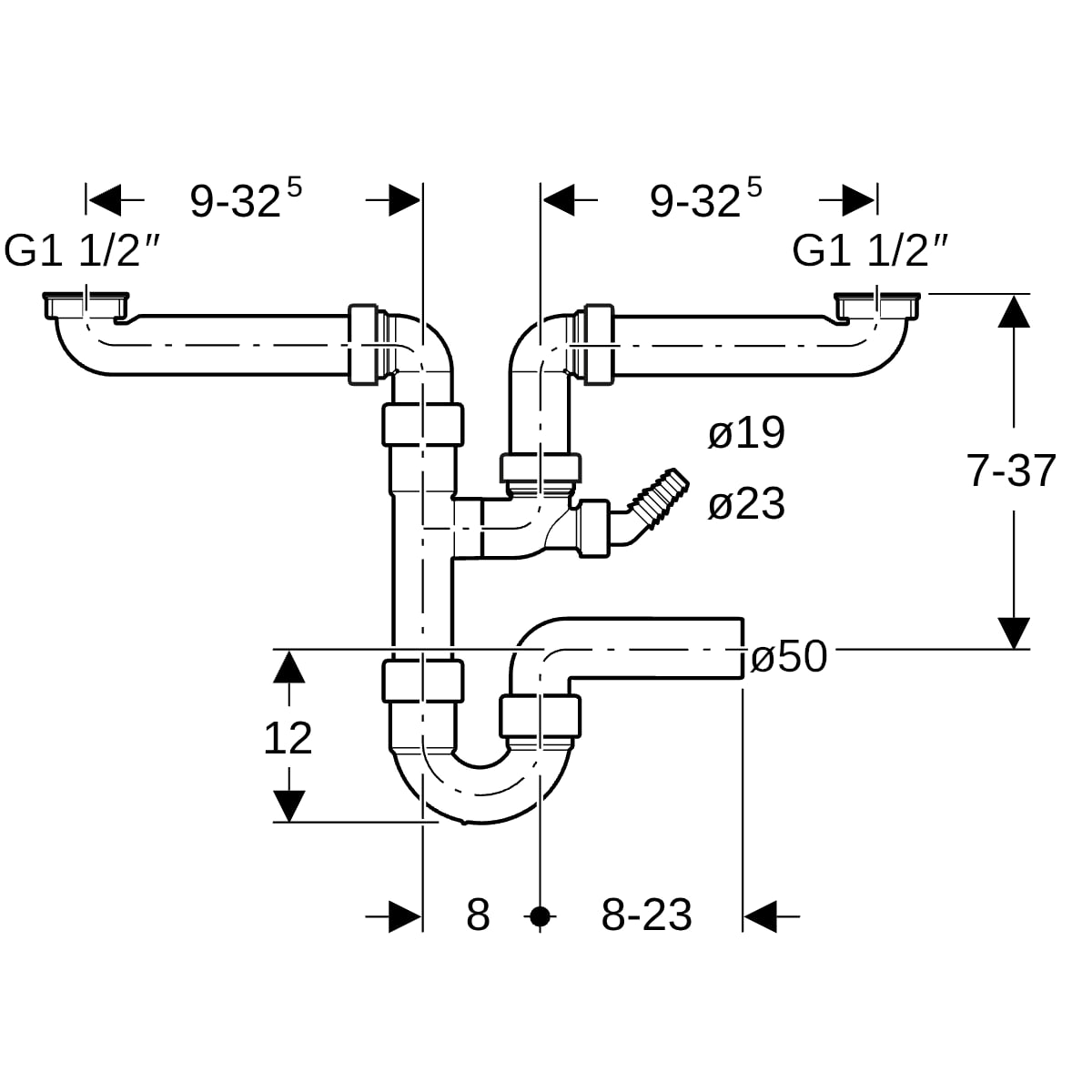 Geberit Rohrbogengeruchsverschluss für zwei Spülbecken Abgang horizontal G1 1/2x50 152.818.11.1