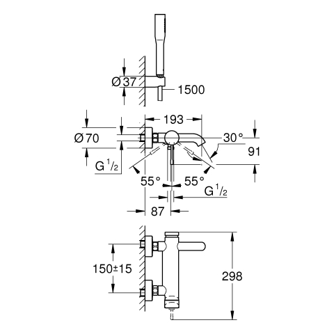 Grohe Essence Einhand-Wannenbatterie chrom mit Brausegarnitur 25249001