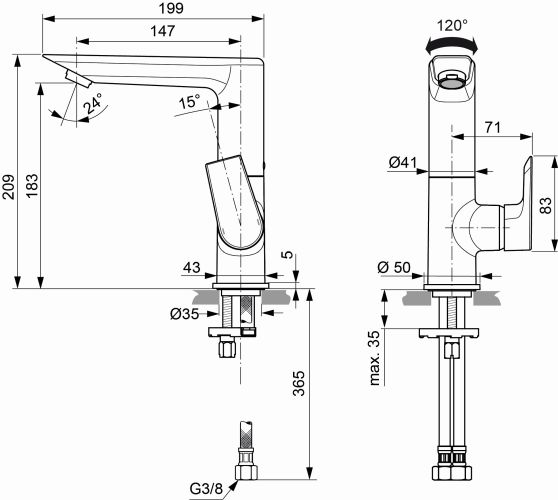Ideal Standard Tesi Waschtischarmatur mit hohem schwenkbarem Auslauf ohne Ablaufgarnitur chrom, Ausladung 147mm, 5 l/min A6755AA