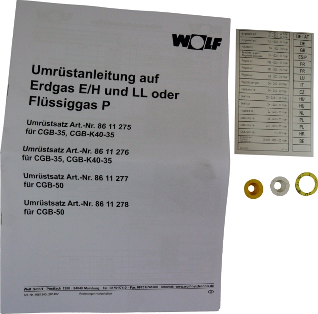 Wolf Umrüstsatz Flüssiggas - Erdgas E/LL und Erdgas E - LL, für CGB-(K)-35 8611275