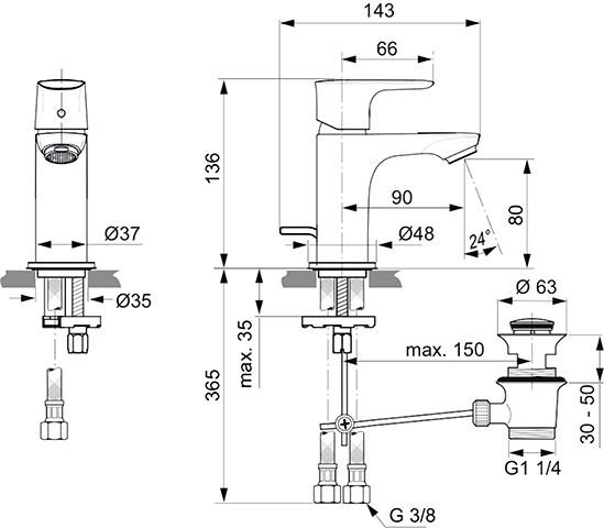 Ideal Standard Waschtisch-Armatur Connect Air, Piccolo, 5l/min. mit Ablaufgarnitur Ausladung 90mm, chrom A7014AA