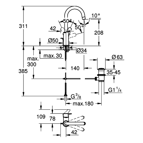 Grohe Einhand-Waschtisch-Batterie Eurosmart L-Size chrom Zugstangen-Ablaufgarnitur 23537003