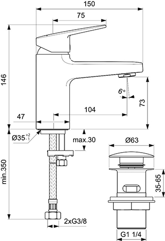 Ideal Standard Waschtischarmatur Ceraplan H75 mit Push-Open Ausladung 103mm chrom BD216AA
