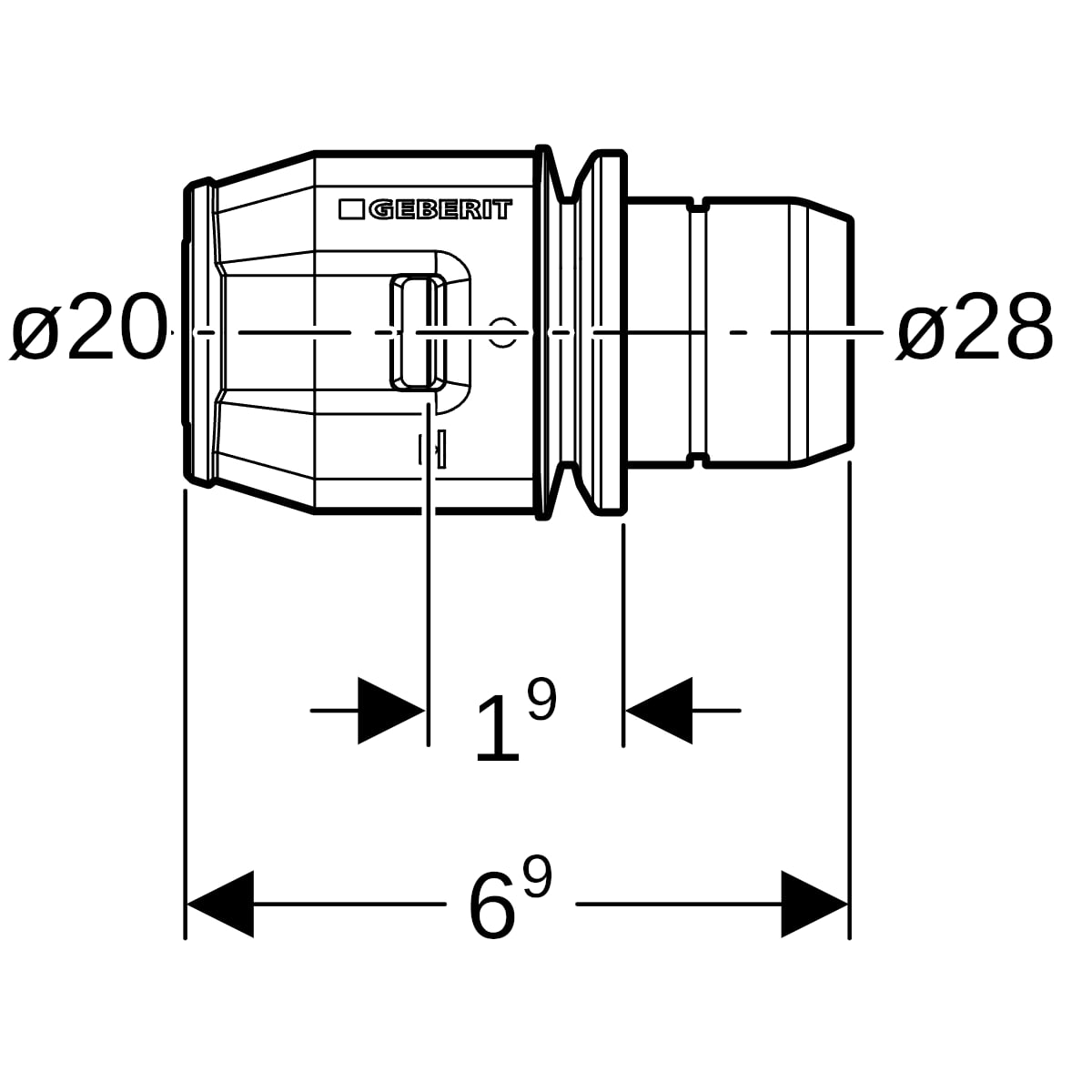 Geberit PushFit Übergang auf Verteiler mit Steckanschluss Messing d20 653.461.00.1