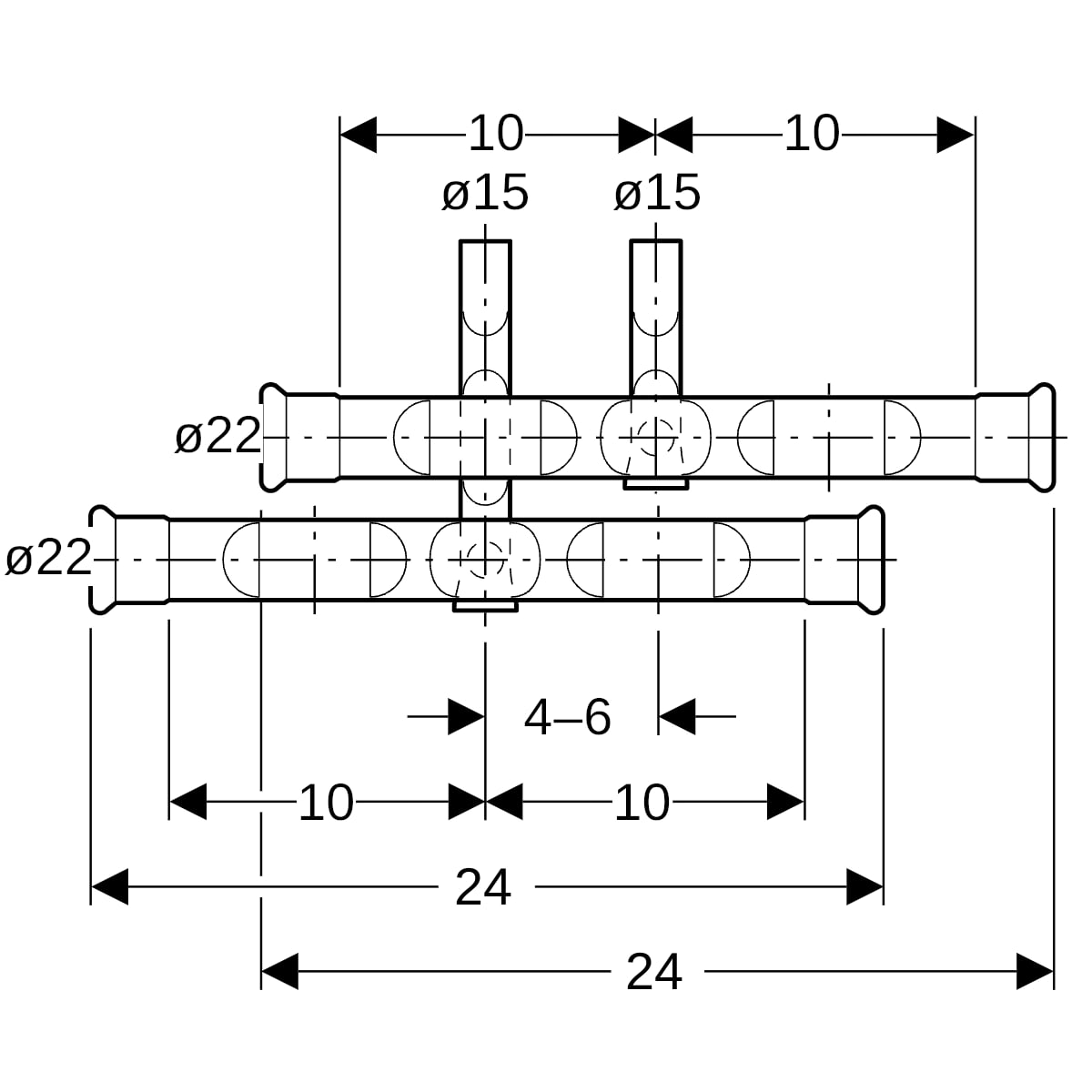 Geberit Mapress C-Stahl Anschluss-T-Stück-Set für Vor- und Rücklauf d22-15 24004
