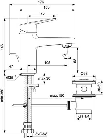 Ideal Standard Waschtischarmatur Niederdruck Ceraplan H70 mit Ablaufgarnitur Ausladung 103mm chrom BD217AA