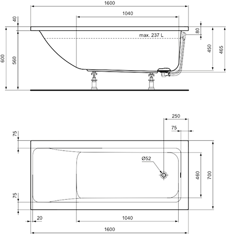 Ideal Standard Connect Air Körperform-Badewanne 160x70x47,5cm T361501 weiß