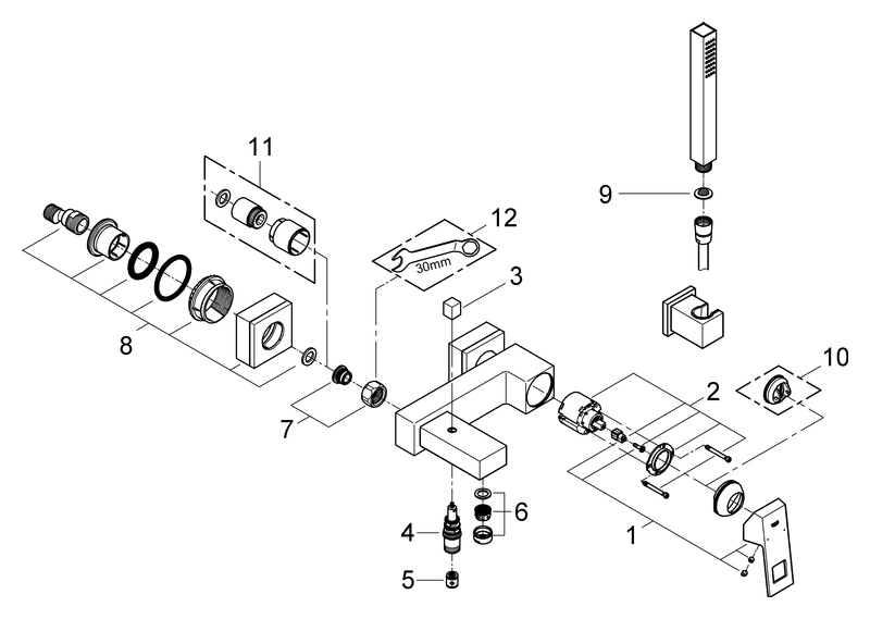Grohe Eurocube Einhand-Wannenbatterie chrom Wandmontage Brausegarnitur Euphoria Cube 23141000