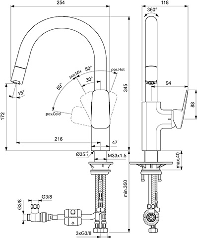 Ideal Standard Küchenarmatur Ceraplan Ausladung 216mm 1F-Handbrause mit hohem Rohrauslauf Niederdruck chrom BD337AA