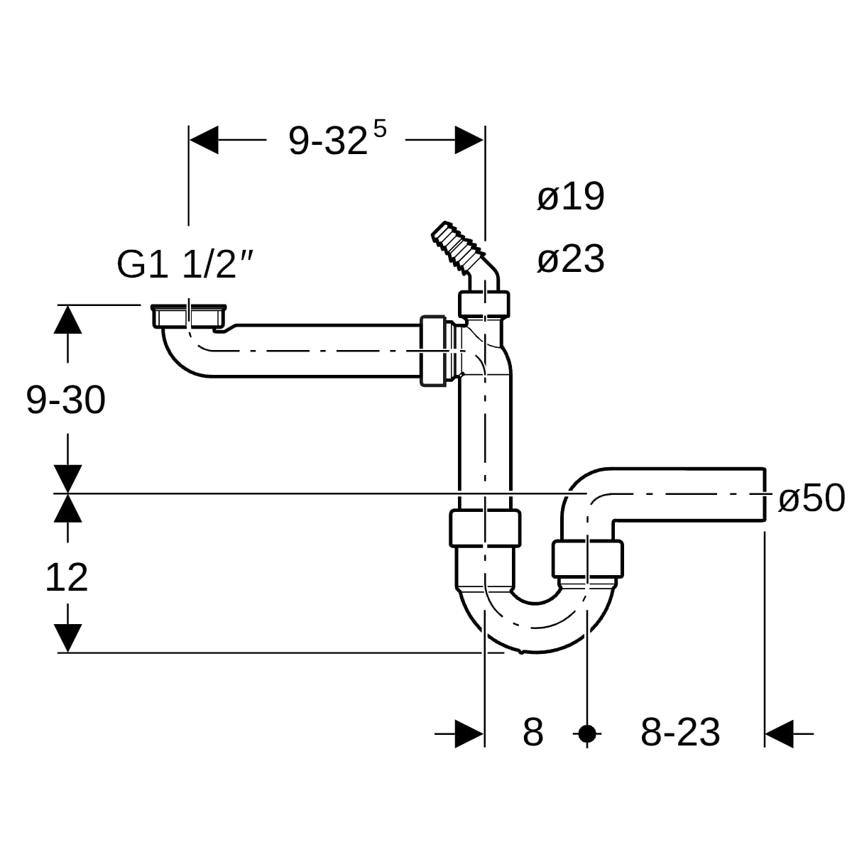 Geberit Rohrbogengeruchsverschluss für ein Spülbecken Abgang horizontal G1 1/2x50 152.819.11.1
