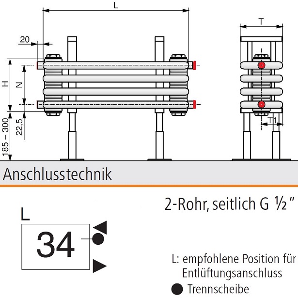 Arbonia Bank-Radiator 6-Säuler H: 31,5 L: 300cm Modell 7F6300-A34