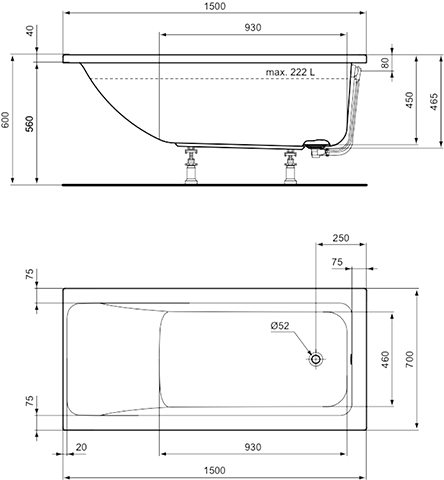 Ideal Standard Connect Air Körperform-Badewanne 150x70x47,5cm T361301 weiß