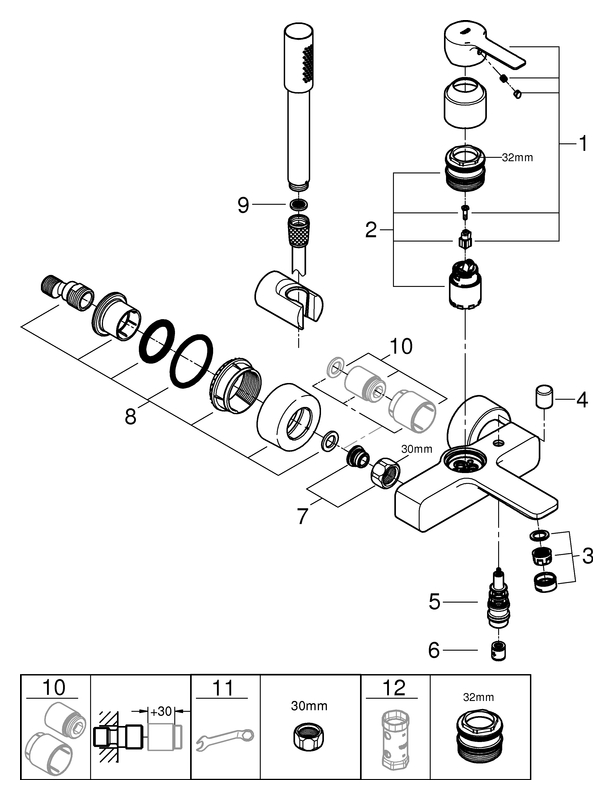 Grohe Lineare Einhand-Wannenbatterie chrom Wandmontage mit Brausegarnitur 33850001