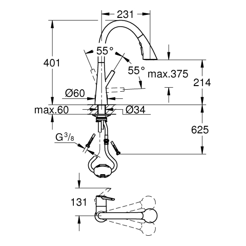 Grohe Zedra Einhand-Spültischbatterie supersteel C-Auslauf ausziehbare 3-Strahl-Spülbrause 32294DC2