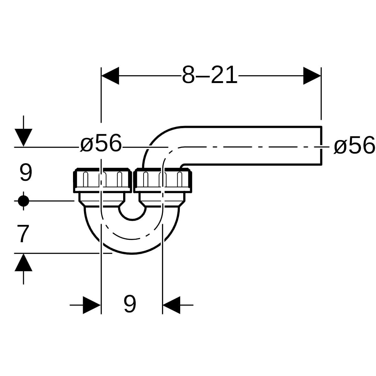 Geberit Rohrbogengeruchsverschluss für Becken D56/56 Einlauf vertikal und Abgang horizontal 152.044.16.1