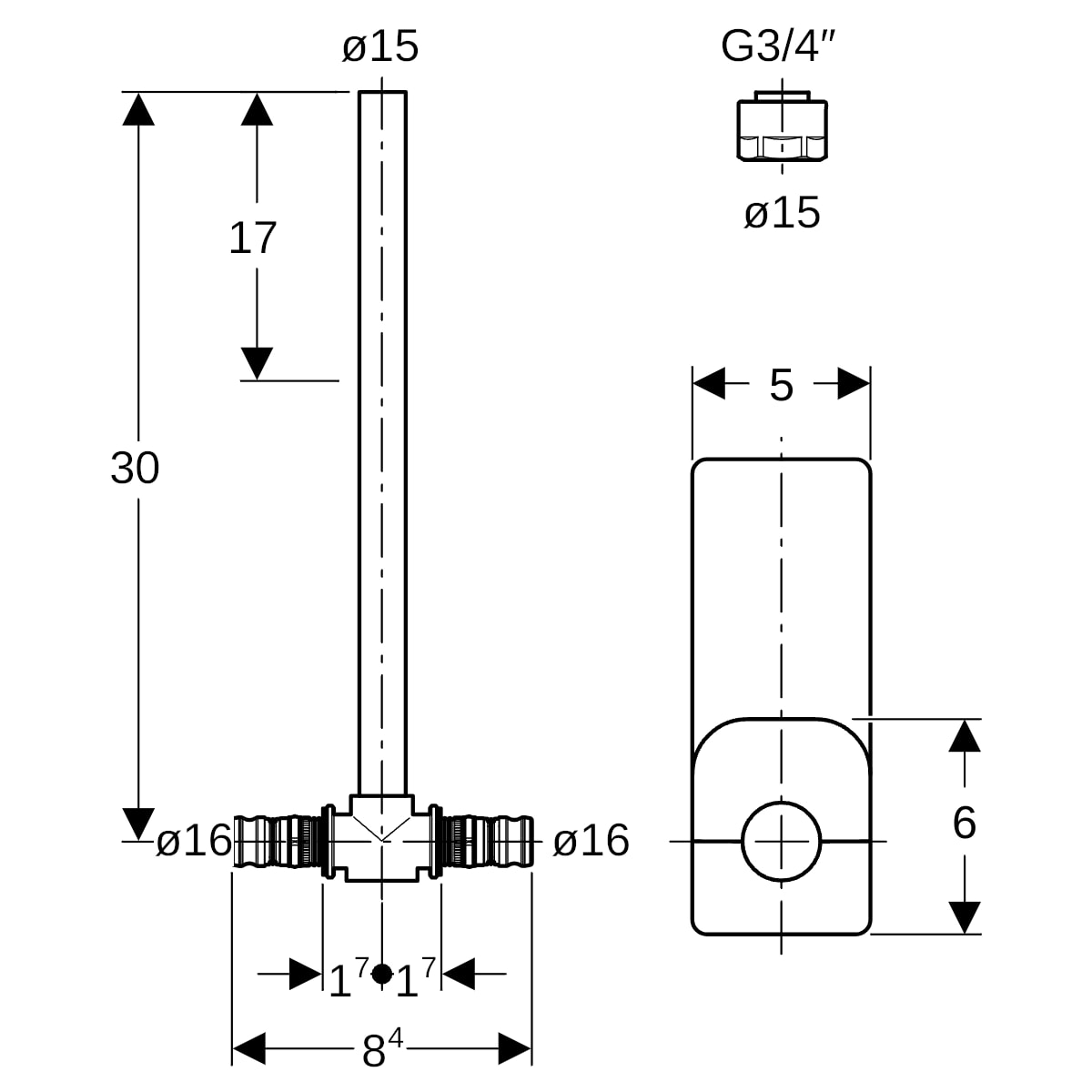 Geberit Mepla Metallrohr-Anschluss-T-Stück mit Anschlussverschraubung d16-15-16 611.360.22.7