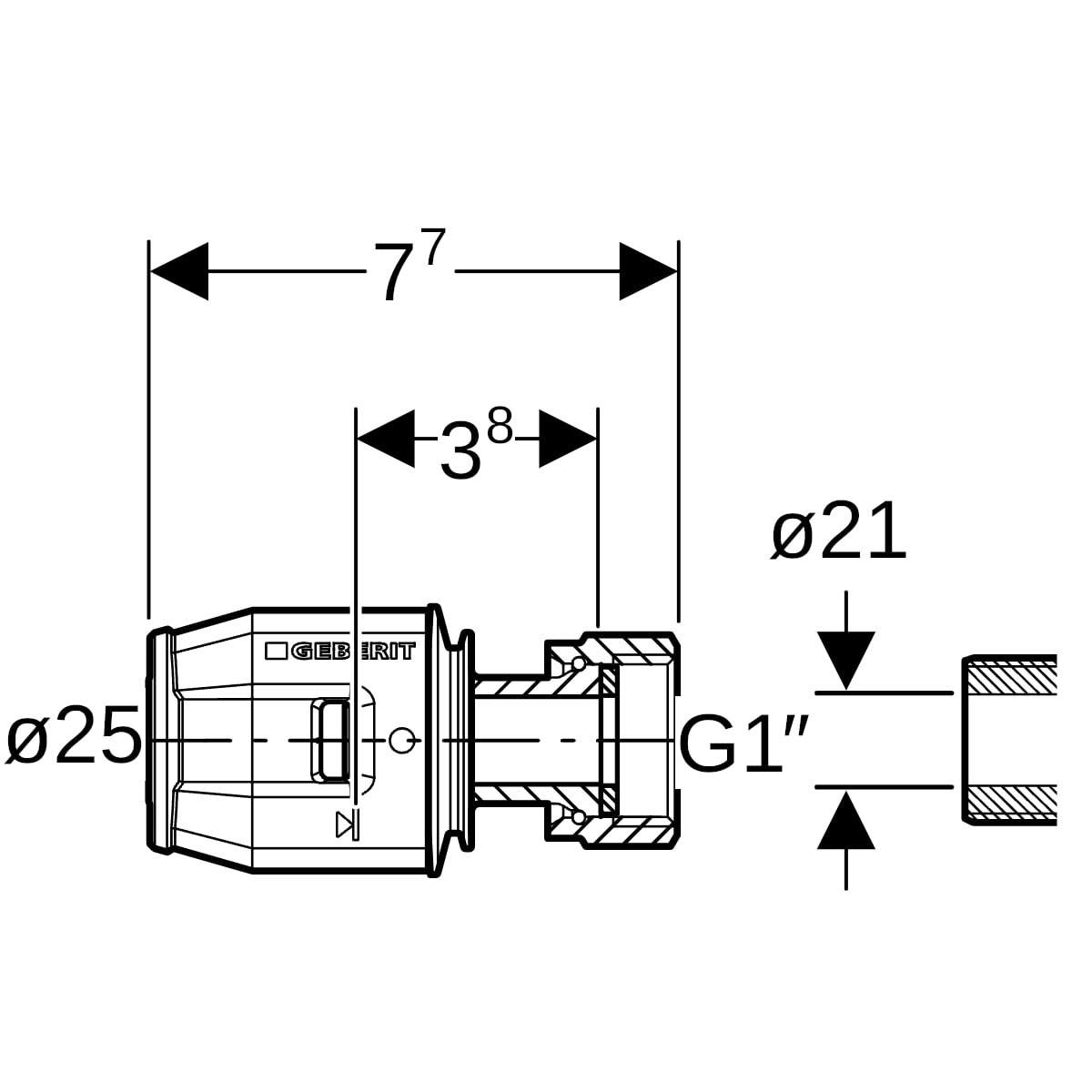 Geberit PushFit Übergang mit Überwurfmutter Rotguss d25-G1 652.583.00.1