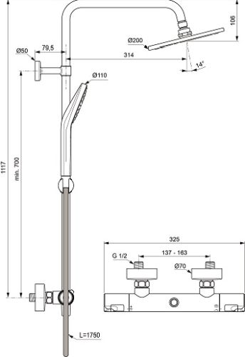 Ideal Standard Duschsystem Ceratherm T50 m.Brausethermostat Schlauch 1750mm, chrom A7225AA