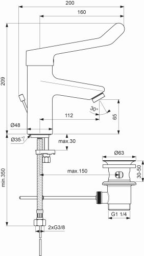 Ideal Standard Ceraplus 2 Waschtischarmatur mit Klinikhebel mit Ablaufgarnitur chrom, Ausladung 112mm BC097AA