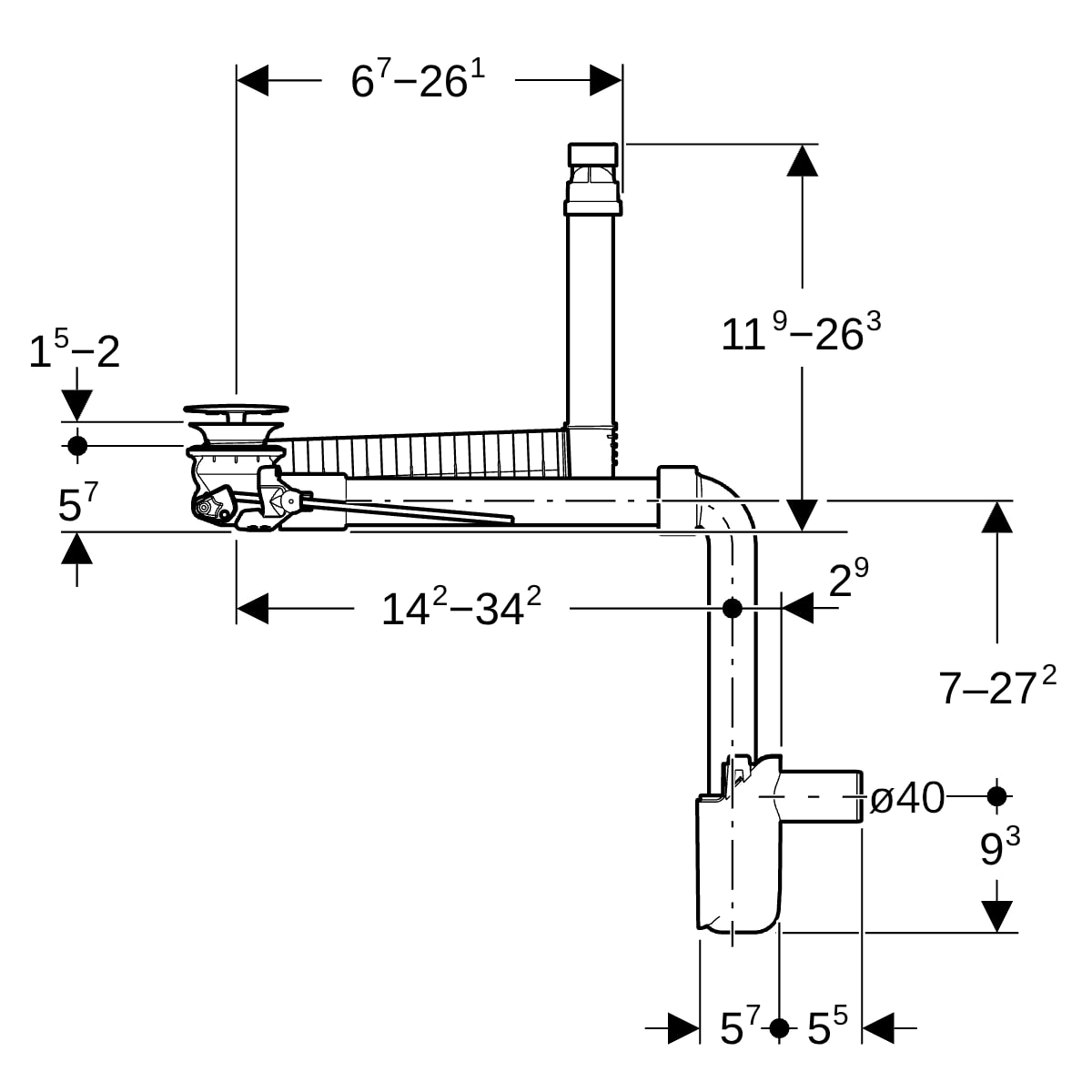 Geberit Clou Waschtisch Ablauf d40 Raumsparmodell mit Hebelbetätigung und Ventilabdeck. weiß 152.061.01.1