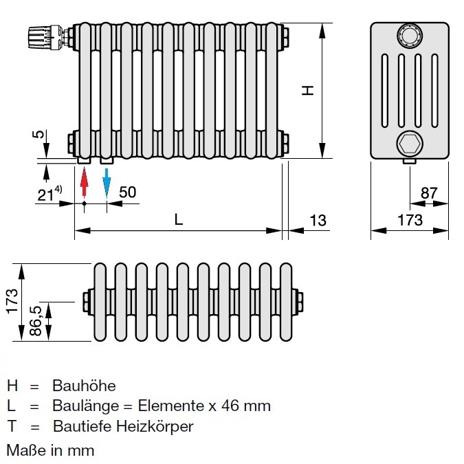 Zehnder Röhrenradiator Charleston Completto 5-Säuler H: 180 L: 101,2cm, Modell 5180-22, weiß ZC154422B1C1000