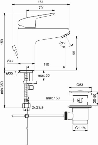 Ideal Standard Ceraflex Waschtischarmatur mit Ablaufgarnitur chrom, Ausladung 110mm, 5 l/min. B1713AA
