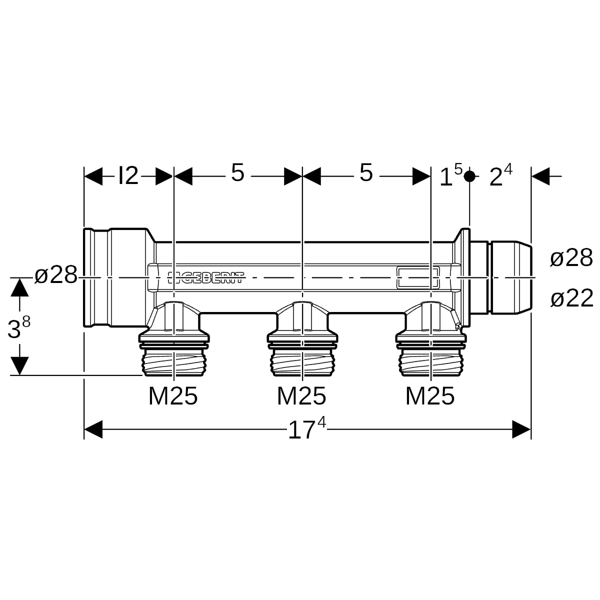 Geberit Verteiler dreifach mit Steckanschluss Messing M25 653.423.00.1
