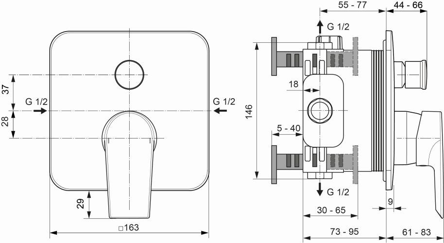 Ideal Standard Tesi Badearmatur Unterputz Bausatz 2, Rosette163x163mm, eigensicher DIN EN 1717, chrom A6759AA