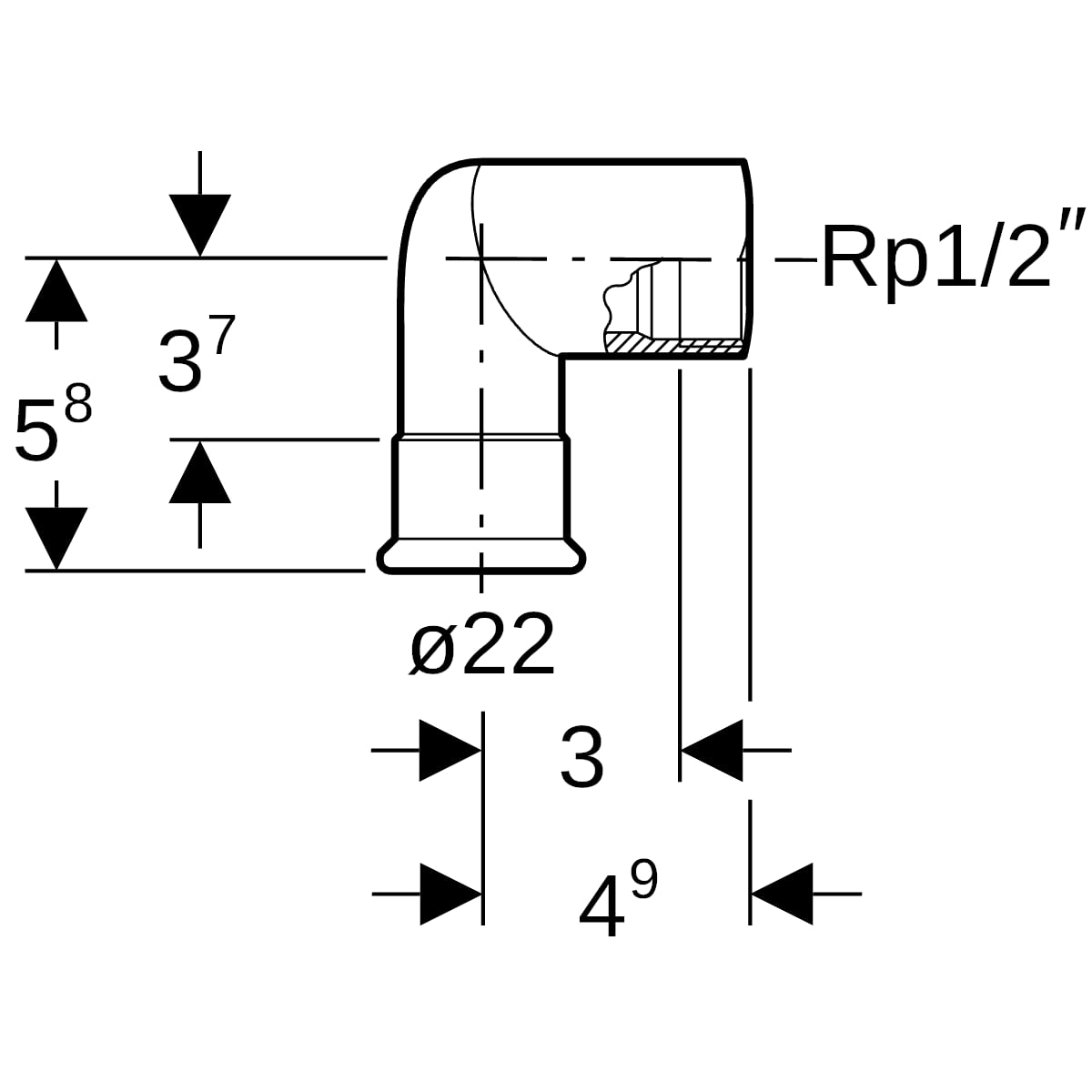 Geberit Mapress Edelstahl Übergangswinkel 90 Grad mit IG d22-Rp1/2, lang 33810