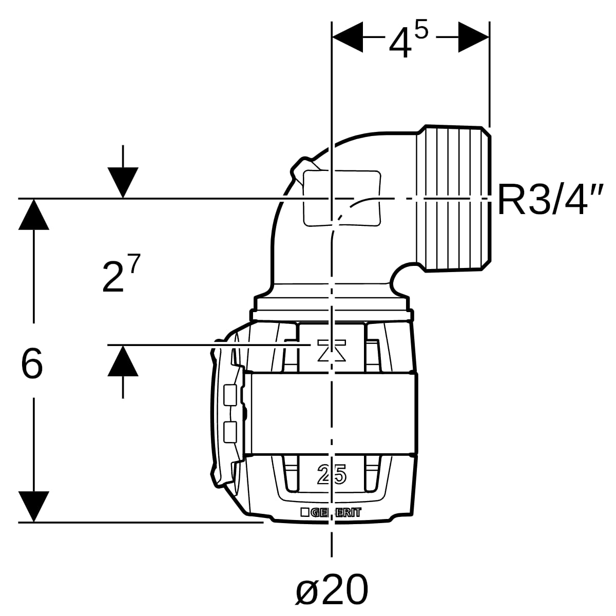 Geberit FlowFit Übergangsbogen 90 Grad mit AG RG, d20-R3/4, lang 620.525.00.1