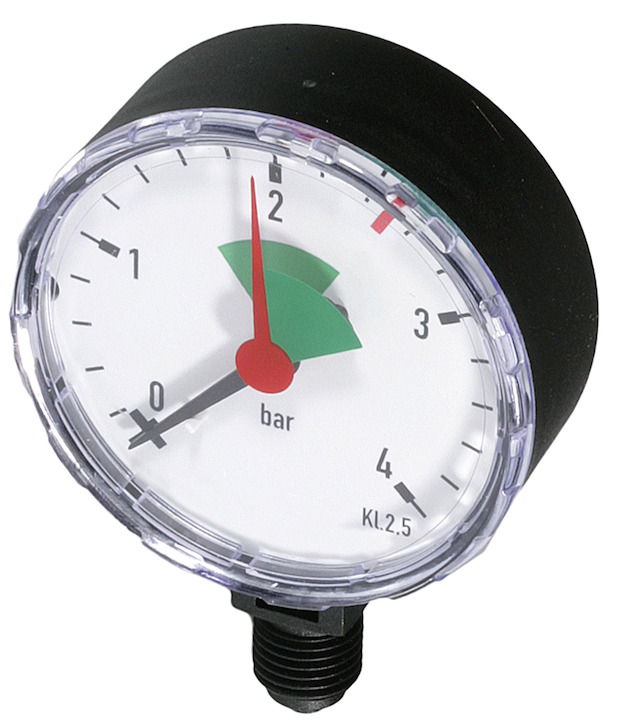 Resideo Manometer, Gehäusedurchmesser 63mm, Anschluss unten G 1/4'', Teilung 0-4 bar, roter Zeiger MF126-A4