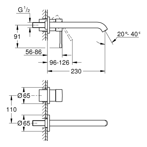 Grohe 2-Loch-Waschtisch-Wandbatterie Essence supersteel Fertigmontage-Set Ausladung 230mm 29193DC1