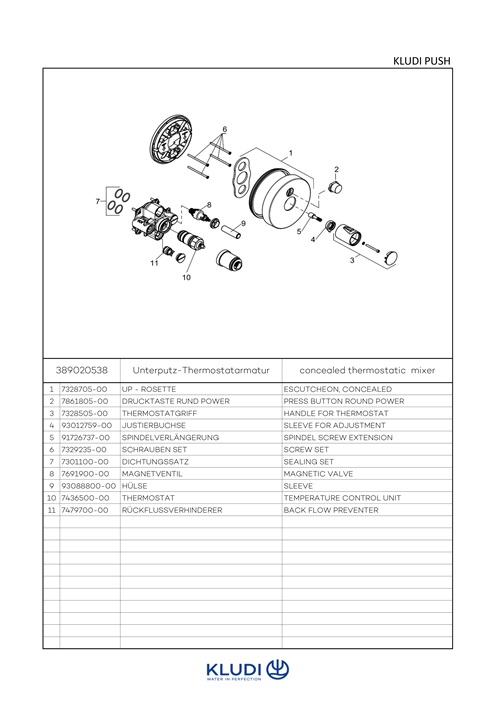 Kludi PUSH UP-Thermostatarmatur mit Drucktaste für 1 Verbraucher, rund chrom 389020538