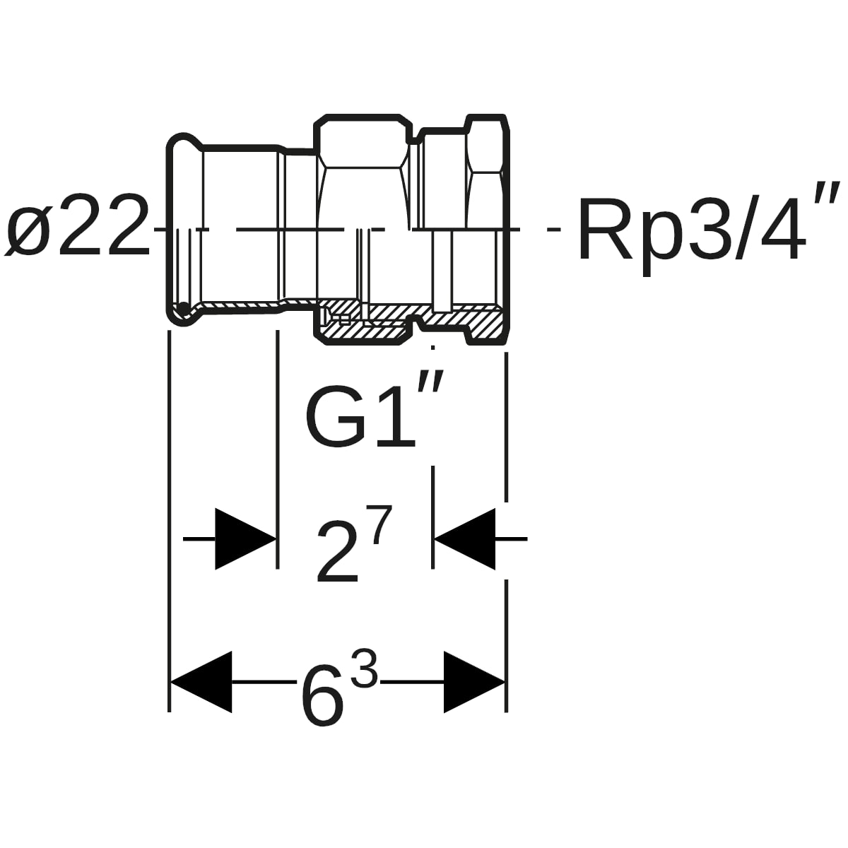 Geberit Mapress Edelstahl Übergangsverschraubung mit IG ÜM (LABS-frei) d22-Rp3/4 85352