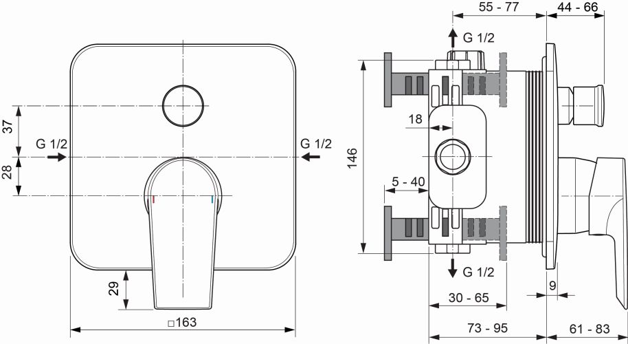 Ideal Standard Edge Badearmatur Unterputz Bausatz 2, Rosette d:163mm, eigensicher DIN EN 1717, chrom A7125AA