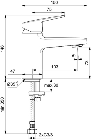Ideal Standard Waschtischarmatur Ceraplan H75 ohne Ablaufgarnitur Ausladung 103mm chrom BD209AA