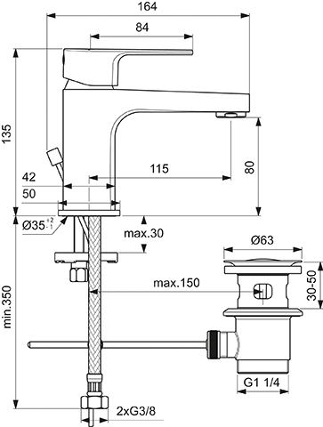 Ideal Standard Waschtischarmatur Cerafine D, H80 Ausladung 115mm mit Ablaufgarnitur, chrom BC685AA