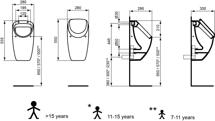 Ideal Standard Absaugeurinal Connect, Zulauf von hinten Zulauf und Ablauf verdeckt, 280x295x535mm, weiß E567601