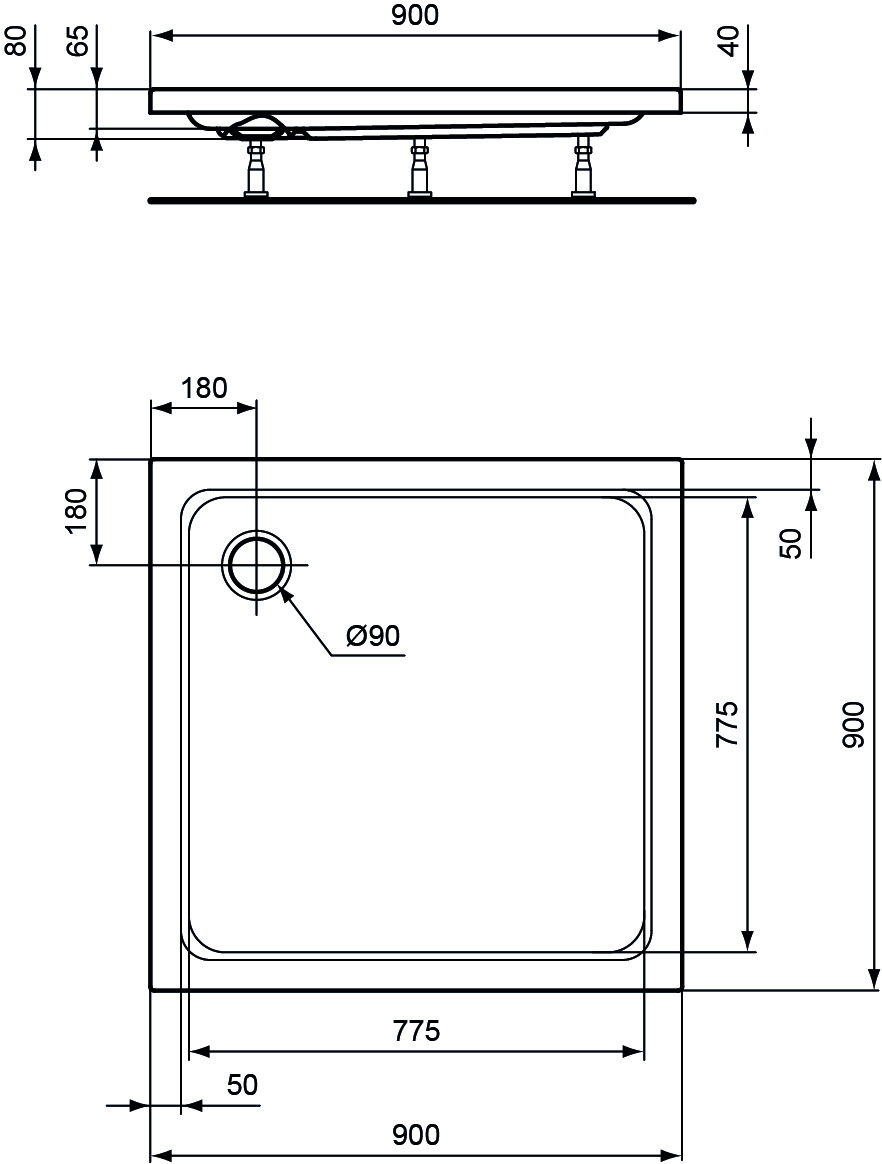 Ideal Standard Hotline Neu Rechteck-Duschwanne 90x90x8cm K276701 weiß