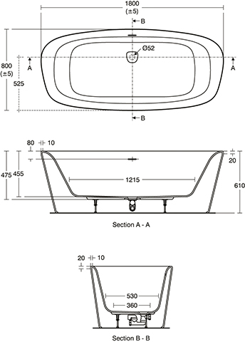 Ideal Standard DEA Duo-Badewanne,freistehend,180x80x47,5/61cm K8721V1 weiß