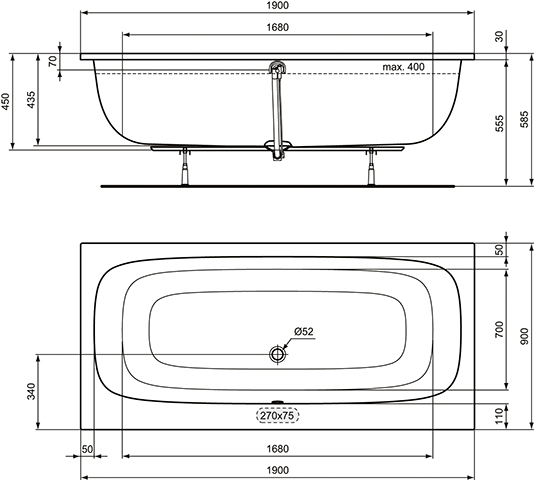 Ideal Standard i.life Duo-Badewanne 190x90cm T476501 weiß