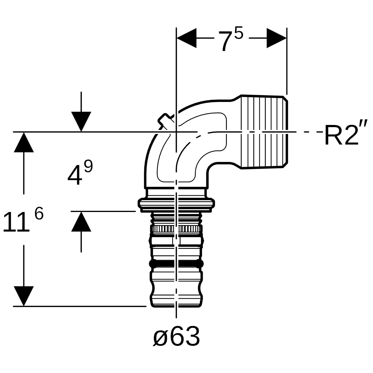 Geberit Mepla Übergangsbogen 90 Grad mit AG Rotguss d63-R2 607.255.00.5
