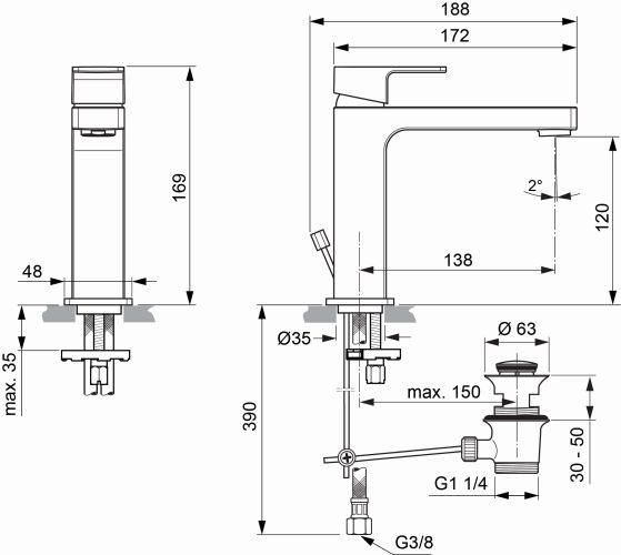 Ideal Standard Edge Waschtischarmatur Grande Slim mit Ablaufgarnitur chrom, Ausladung 138mm, 5 l/min. A7106AA