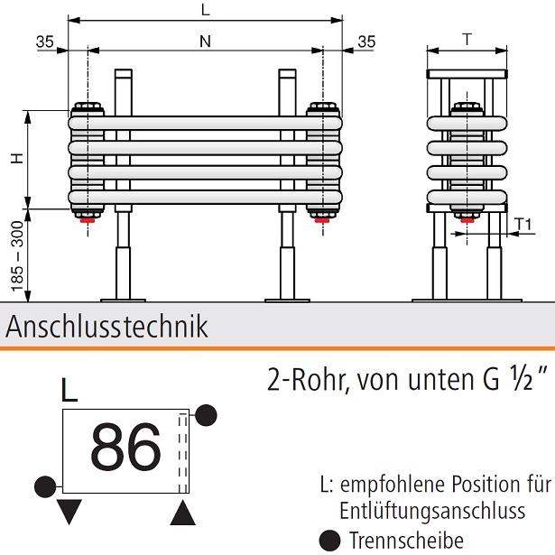 Arbonia Bank-Radiator 6-Säuler H: 31,5 L: 300cm Modell 7F6300-A86