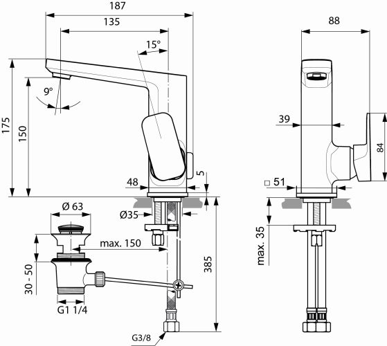 Ideal Standard Waschtisch-Armatur Tonic II, mit hohem Auslauf 5 l/min., mit Ablaufgarnitur, Ausladung 135mm, chrom A6332AA