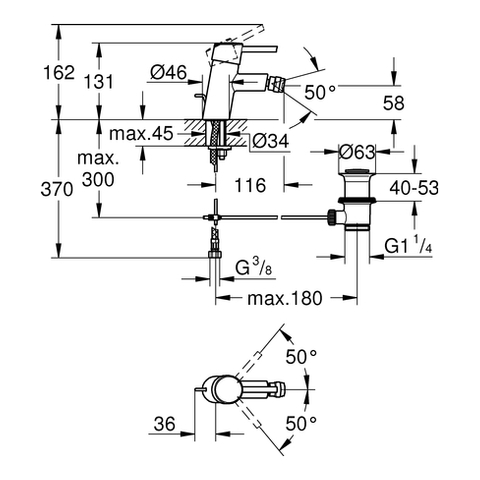 Grohe Concetto Einhand-Bidetbatterie Zugstangen-Ablaufgarnitur chrom 32208001