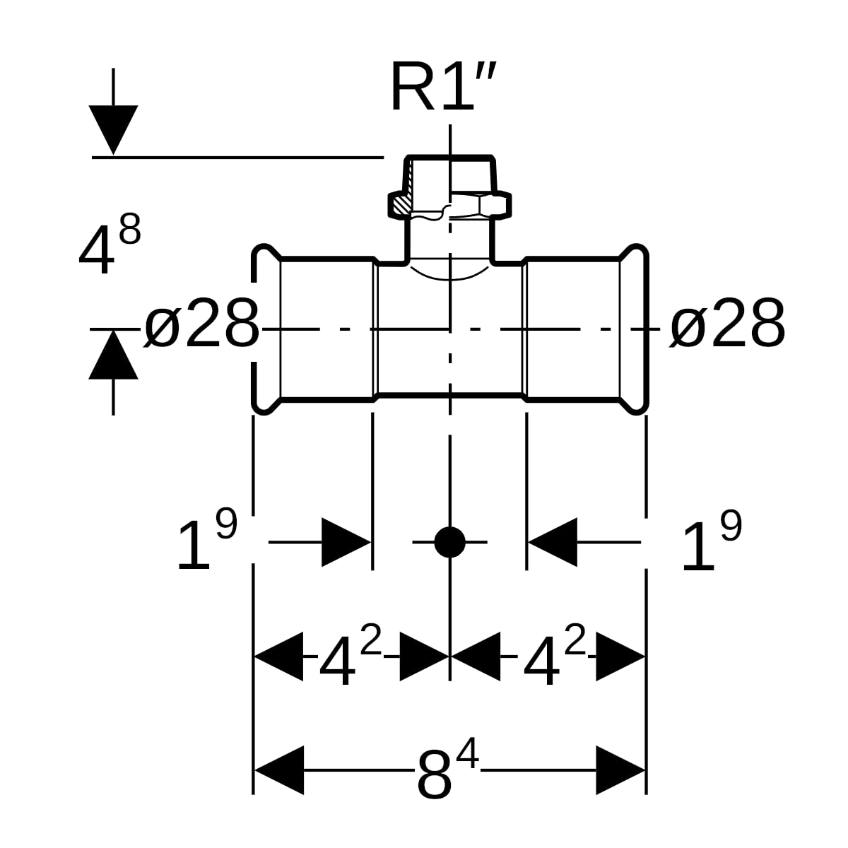 Geberit Mapress Edelstahl T-Stück mit AG (LABS-frei) d28-R1-28 81461
