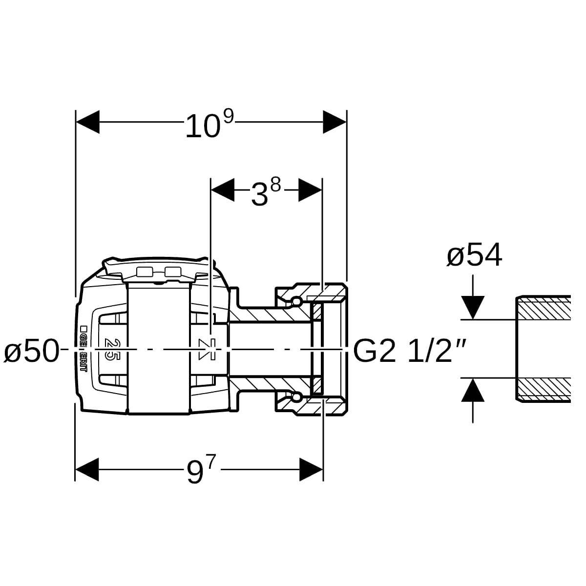Geberit FlowFit Übergang mit Überwurfmutter SiBr d50-G2 1/2 620.695.00.1