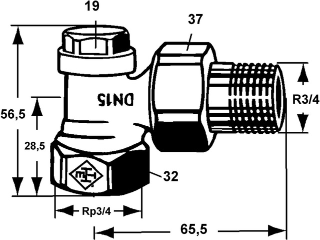 Heimeier Regulux Verschraubung 3/4" Eck DN20, mit Entleerung 0351-03.000