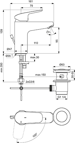 Ideal Standard Ceraflex Waschtischarmatur Grande BlueStart mit Ablaufgarnitur chrom, Ausladung 101mm, 5 l/min B1715AA